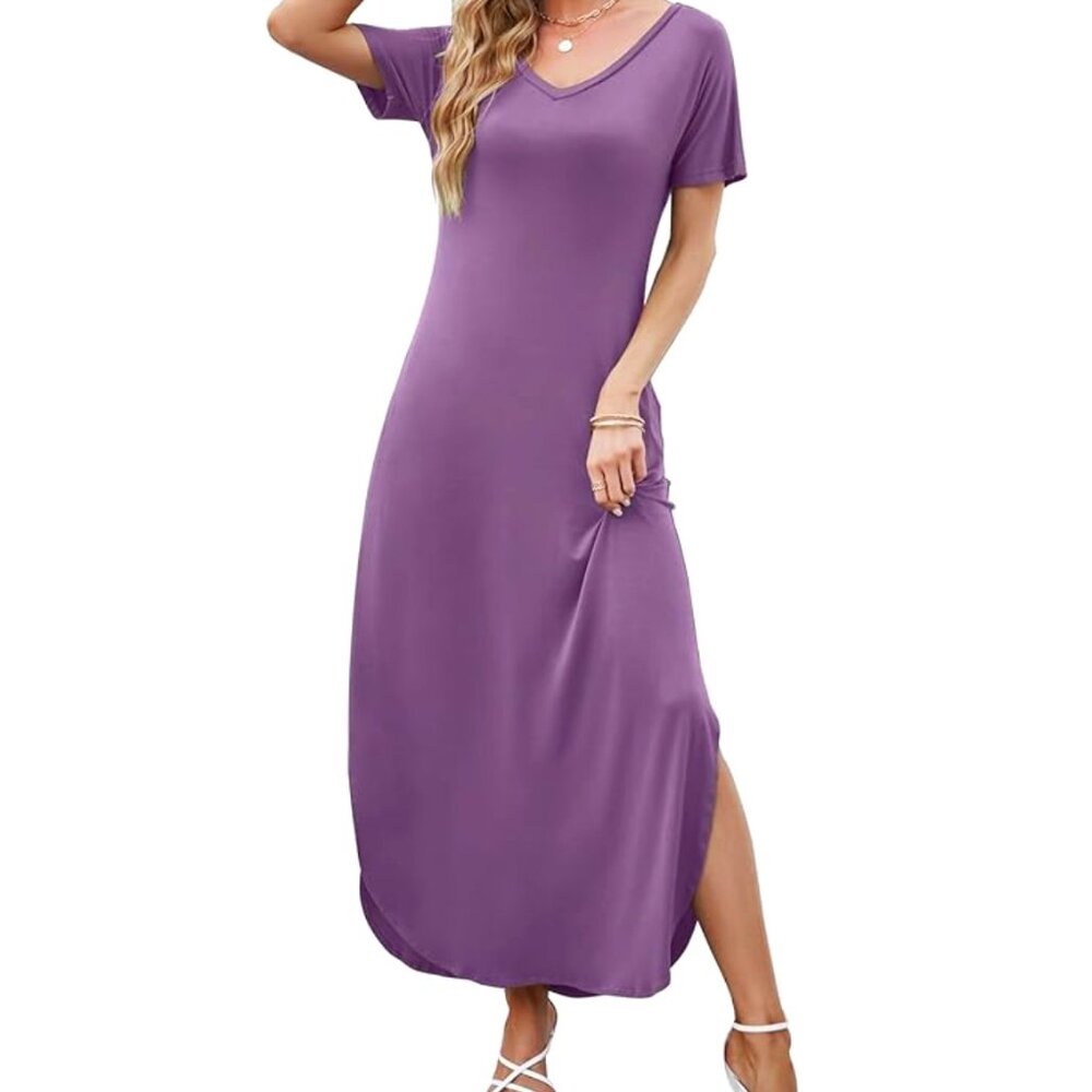 HUSKARY Summer Maxi Casual Dress Light Purple Short Sleeve w/ Pockets Large NWT